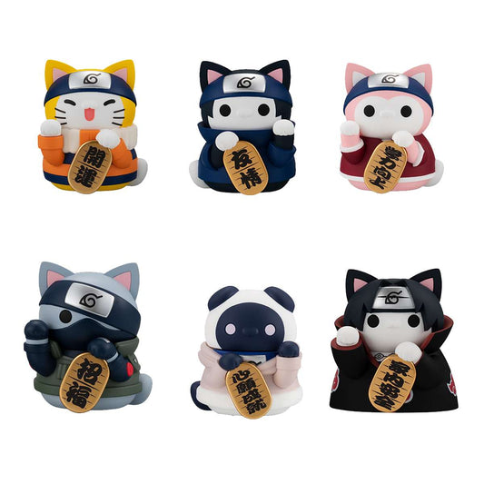 MegaHouse Mega Cat Project Naruto Shippuden Maneki-Neko figures showing Naruto and Sasuke as lucky cats with one paw raised in a beckoning gesture.