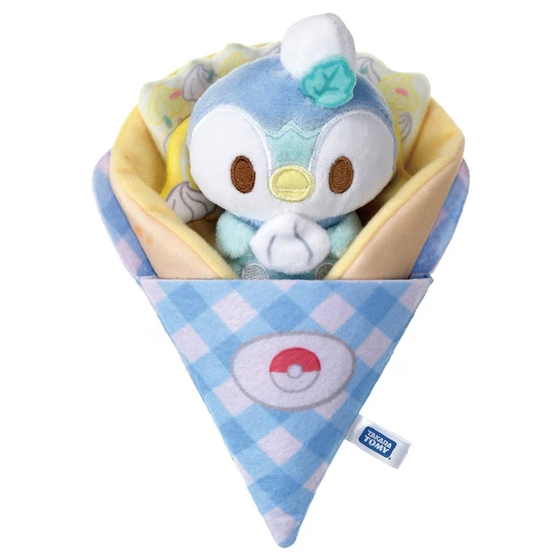 Pokémon Peaceful Place Crepe plush Piplup — Piplup figure wrapped in blue gingham checkered crepe with sweet toppings and decorated ice cream, official Takaratomy collectible