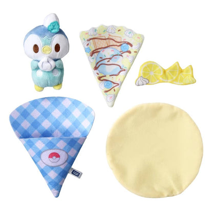 Pokémon Peaceful Place Crepe plush Piplup — Piplup figure wrapped in blue gingham checkered crepe with sweet toppings and decorated ice cream, official Takaratomy collectible