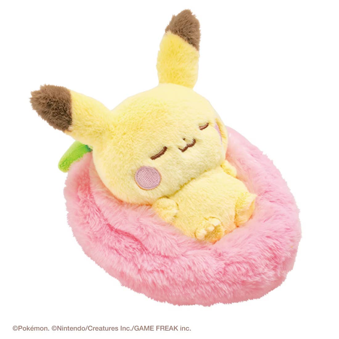 Pokémon Peaceful Place Sleeping Fruit plush Pikachu — sleeping Pikachu nestled in pink fluffy strawberry-shaped bed, removable figure, official Takaratomy collectible