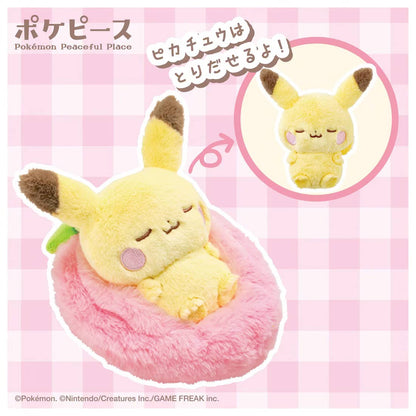 Pokémon Peaceful Place Sleeping Fruit plush Pikachu — sleeping Pikachu nestled in pink fluffy strawberry-shaped bed, removable figure, official Takaratomy collectible