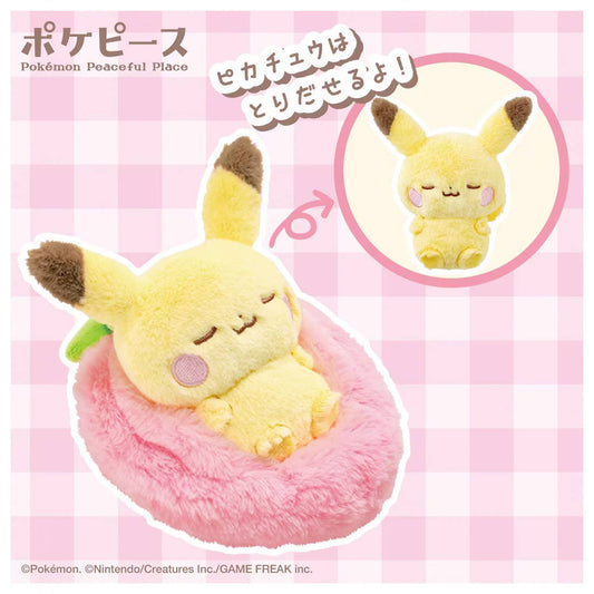 Pokémon Peaceful Place Sleeping Fruit plush Pikachu — sleeping Pikachu nestled in pink fluffy strawberry-shaped bed, removable figure, official Takaratomy collectible