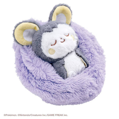 Pokémon Peaceful Place Sleeping Fruit plush Emolga — sleeping Emolga nestled in purple fluffy blueberry-shaped bed, removable figure, official Takaratomy collectible