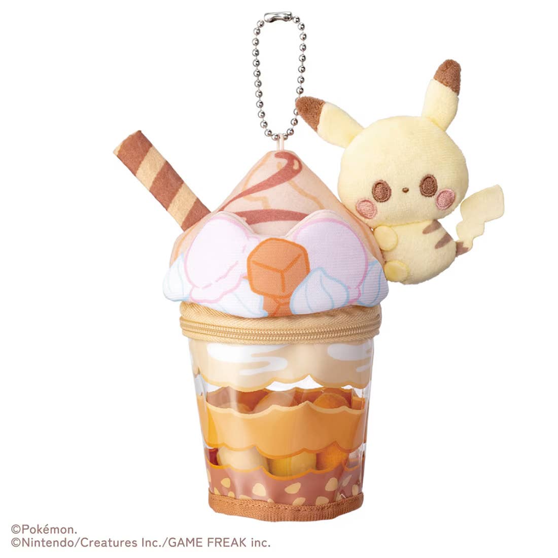 Pokémon Peaceful Place Pikachu Caramel Parfait plush charm — Pikachu figure perched on caramel parfait cup with clear pouch glass section and ball chain keychain