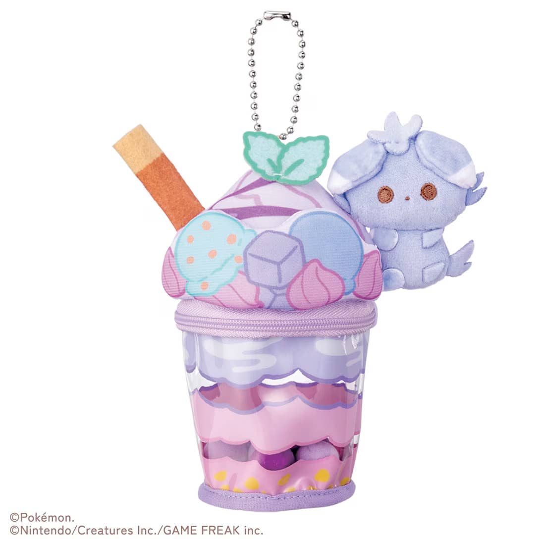 Pokémon Peaceful Place Meowspur Blueberry Parfait plush charm — purple Meowspur figure perched on blueberry parfait cup with removable pompoms and ball chain keychain