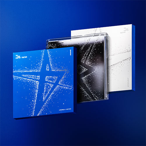 TXT 4th Album The Star Chapter TOGETHER packaging featuring ethereal blue and silver celestial designs with all five members.