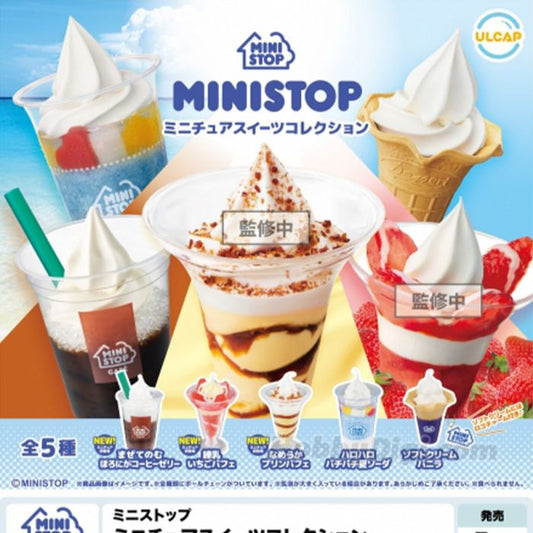 MINISTOP Miniature Sweets Collection — realistic dessert mini figures featuring parfaits, soft serve cones, and drinks inspired by MINISTOP’s popular sweets lineup.